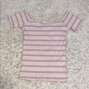 Pink stripedoff the shoulder, a little, shirt